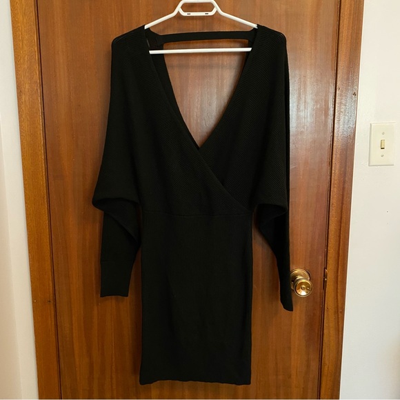 Dynamite Black Surplice Front Open Keyhole Back Long Sleeve Knit Sweater Dress - Picture 3 of 4